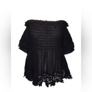 Papillonne: Black Off-Shoulder Shirred Detail Blouse With Crochet Hem